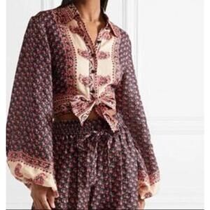 Zimmermann Top Womens 6 Jaya Tie-Front Printed Linen Shirt Boho Crop Blouse